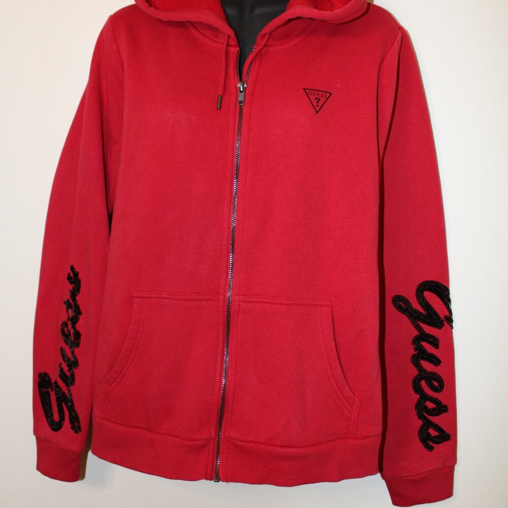 GUESS Red Logo Zip Hoodie Large Y2K Streetwear‎ Sweatshirt